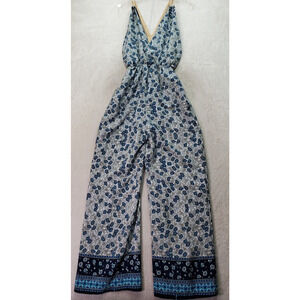 Myan Jumpsuit Women Medium Blue White Floral Paisley Polyester Sleeveless V Neck